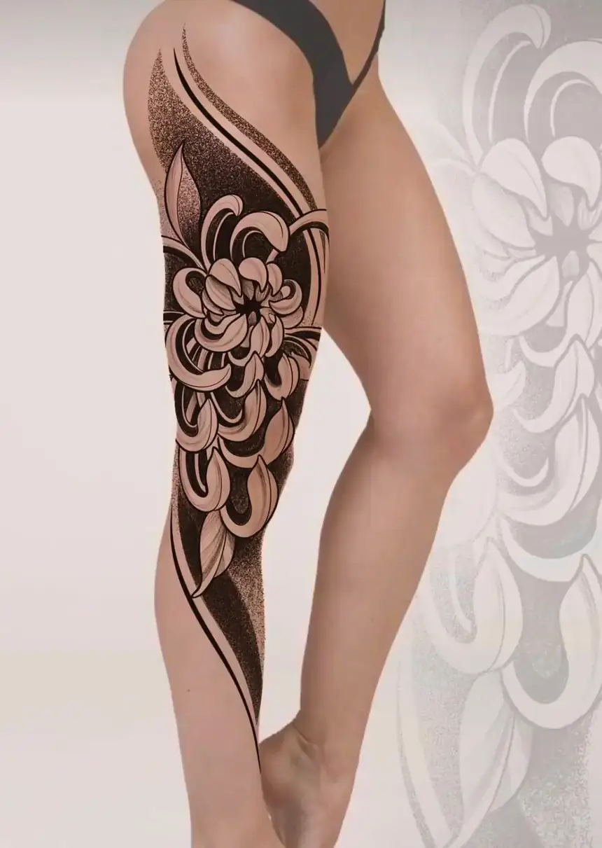 Flash Chrysanthème et ornements sur toute la jambe par Flo