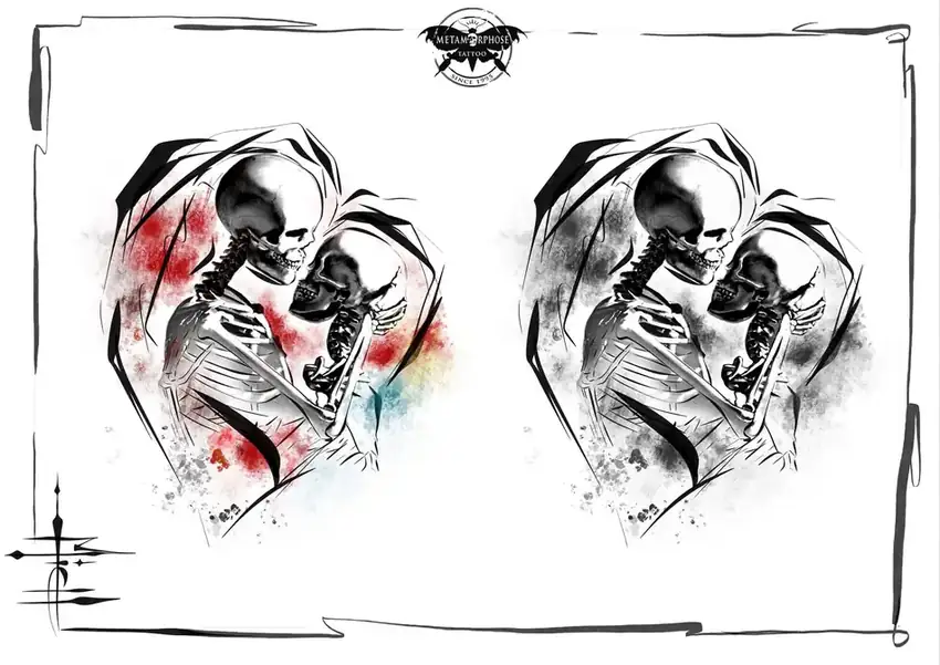 Flash couple de squelettes enlacés, en couleur et en noir et gris par Mich