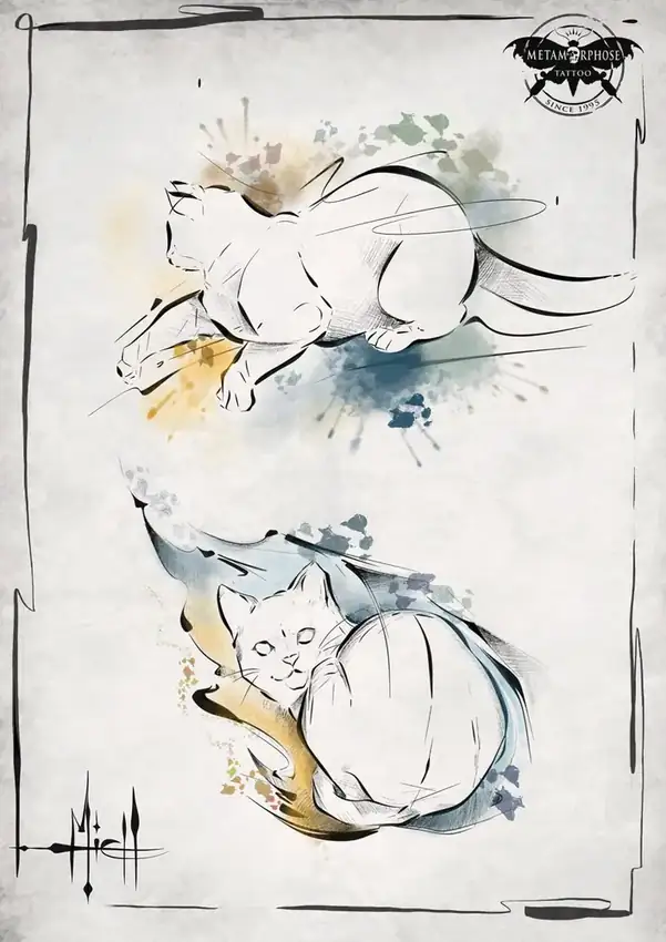 Flash deux chats esquissés aquarelle par Mich