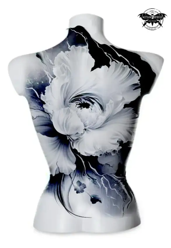 Flash grande fleur noir et gris sur le dos complet par Mich