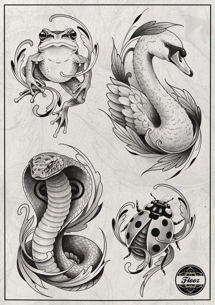 Flash Grenouille, cygne, cobra et coccinelle par Flo