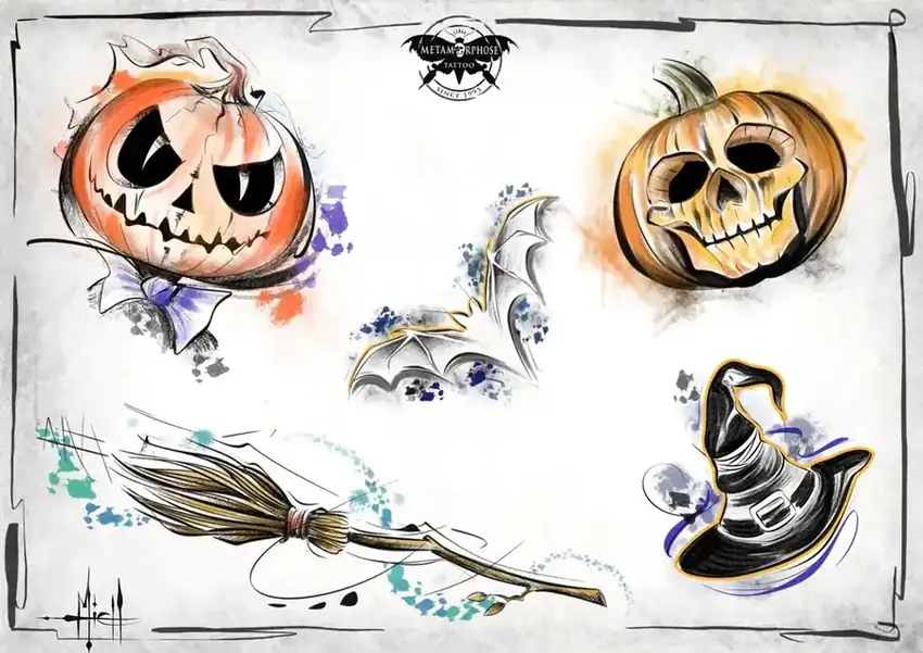 Planche de flashs Halloween : citrouilles, chauve-souris, balai et chapeau de sorcière par Mich