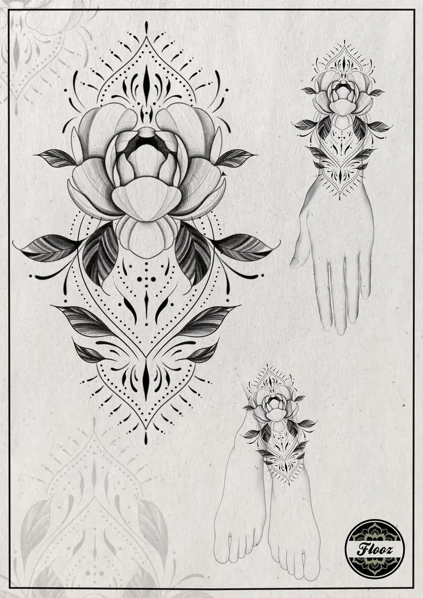 Flash Lotus et mandala ornemental, main et cheville par Flo