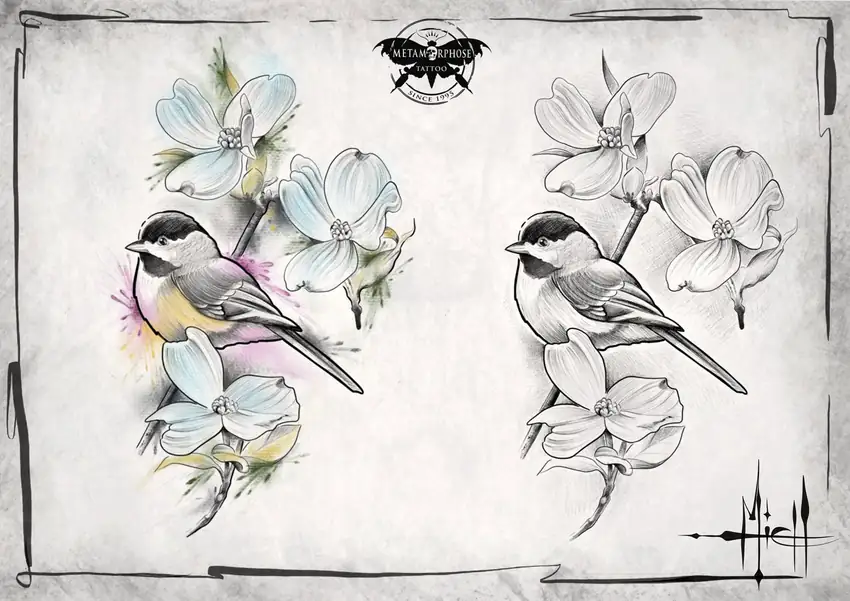 Flash mésange et fleurs de cornouiller, en couleur et en noir et gris par Mich