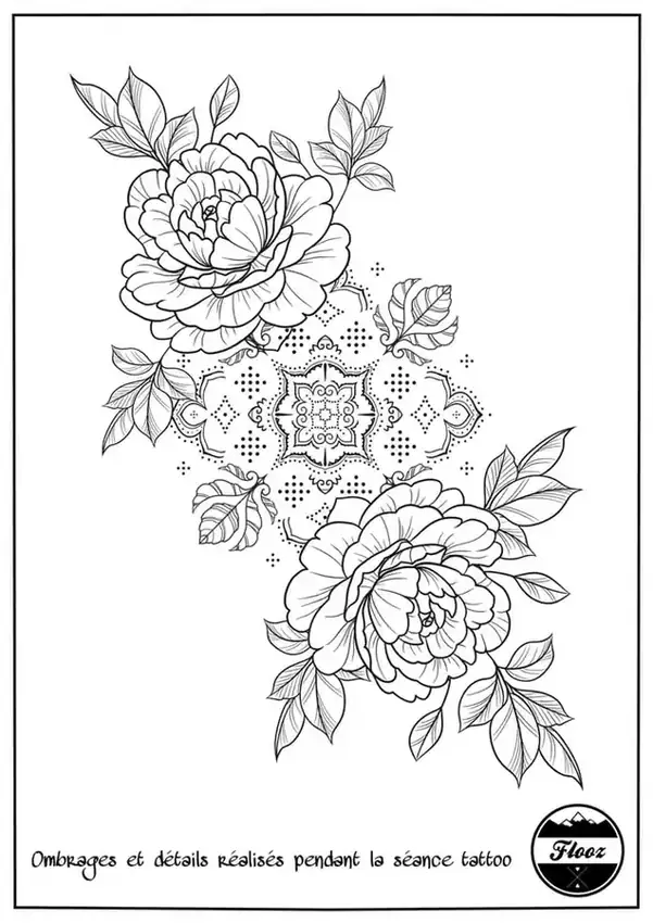 Flash pivoines et mandala dotwork en contour par Flo