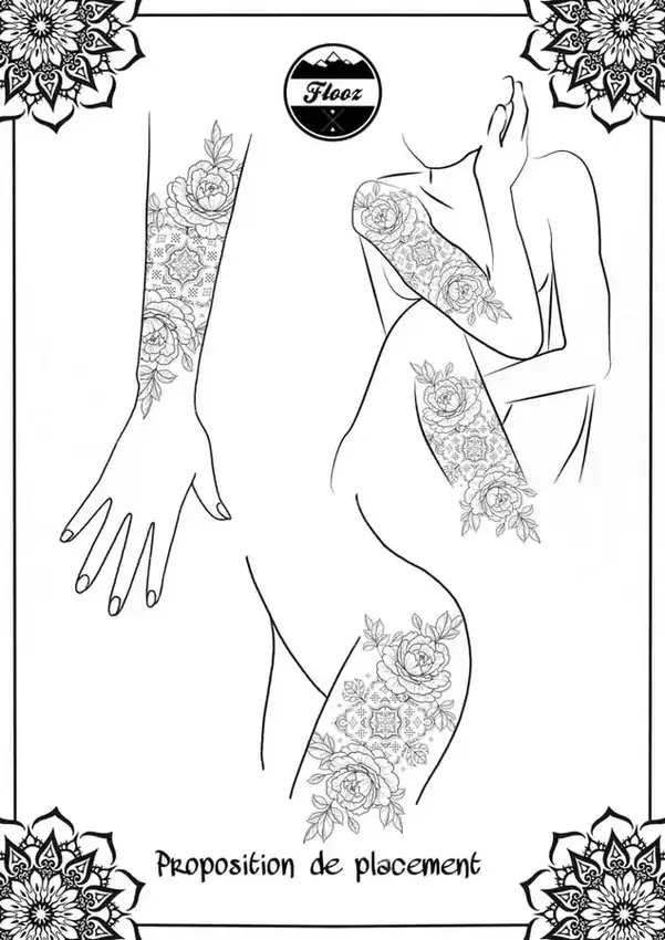 Flash pivoines et mandala dotwork, proposition de placement bras, flanc et cuisse par Flo