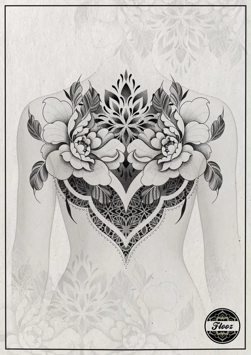 Flash Pivoines et mandala ornemental, grande pièce par Flo