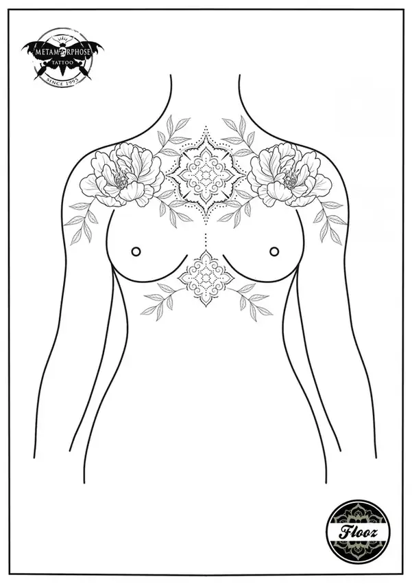 Flash pivoines et mandalas sur la poitrine et les épaules par Flo