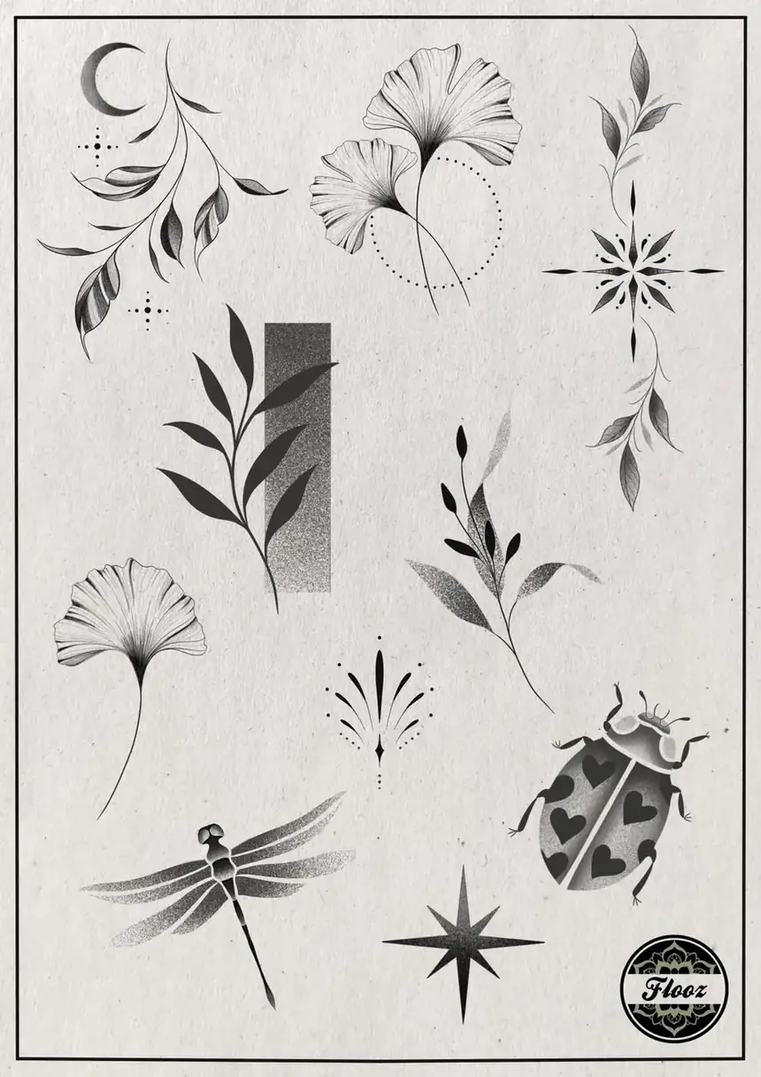 Flash Planche fine line : ginkgo, libellule et coccinelle par Flo