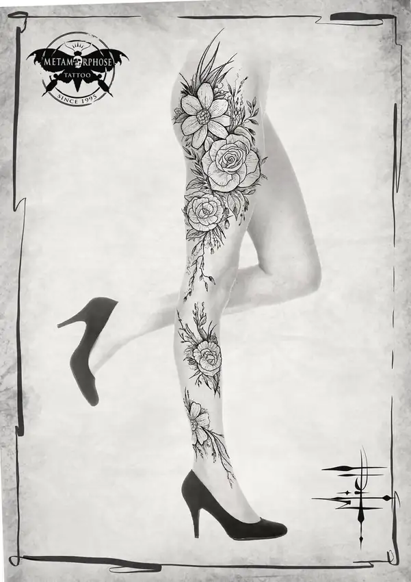 Flash roses et fleurs fine line sur la jambe entière par Mich