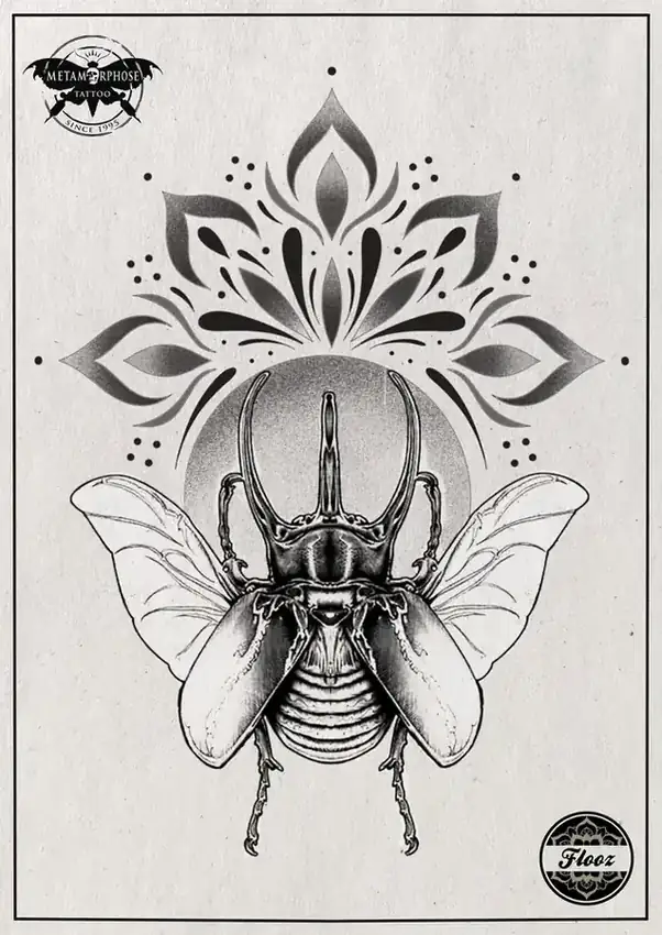 Flash scarabée et lotus dotwork par Flo