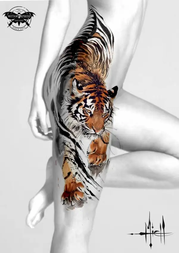 Flash tigre aquarelle sur la hanche et la cuisse par Mich