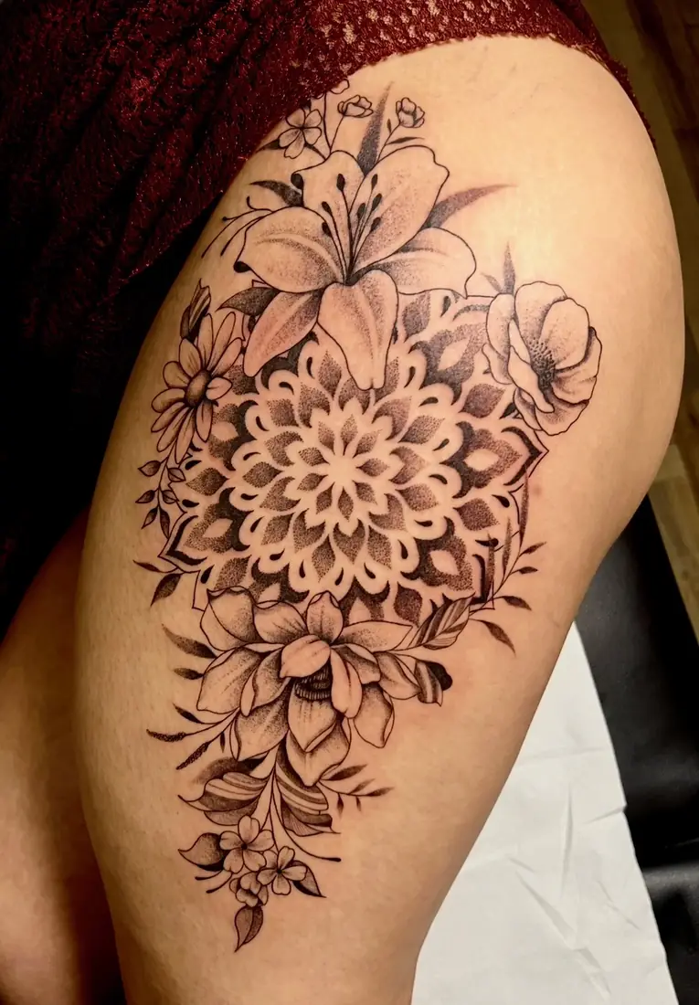 Tatouage fleurs et mandala sur la cuisse par Flo