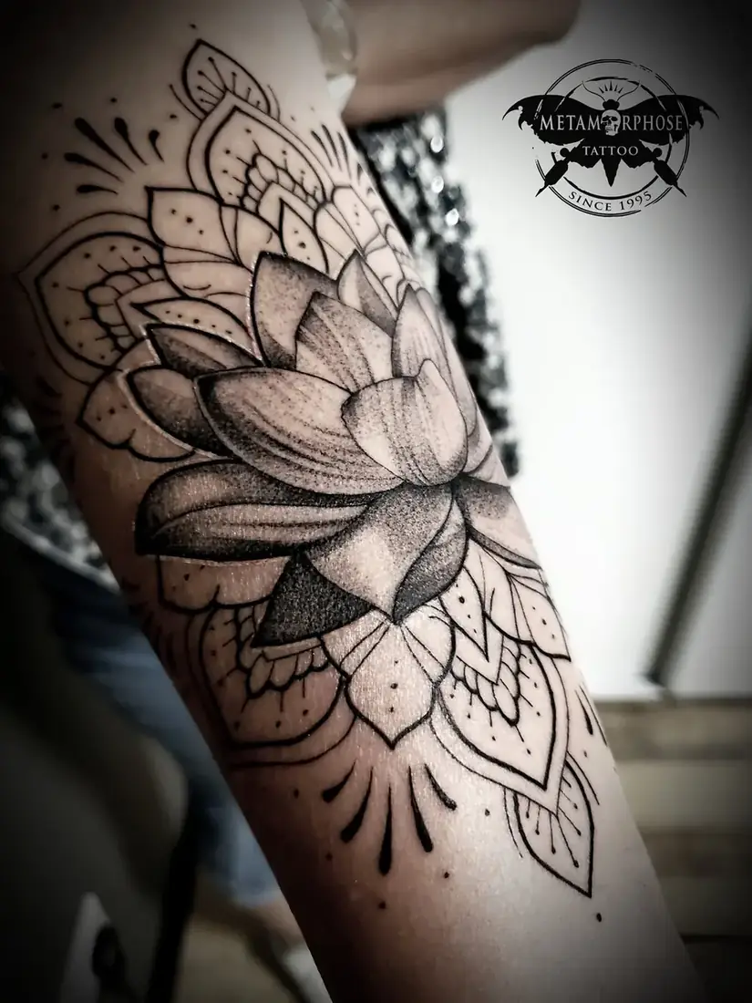 Tatouage lotus et mandala dotwork sur l'avant-bras par Mich