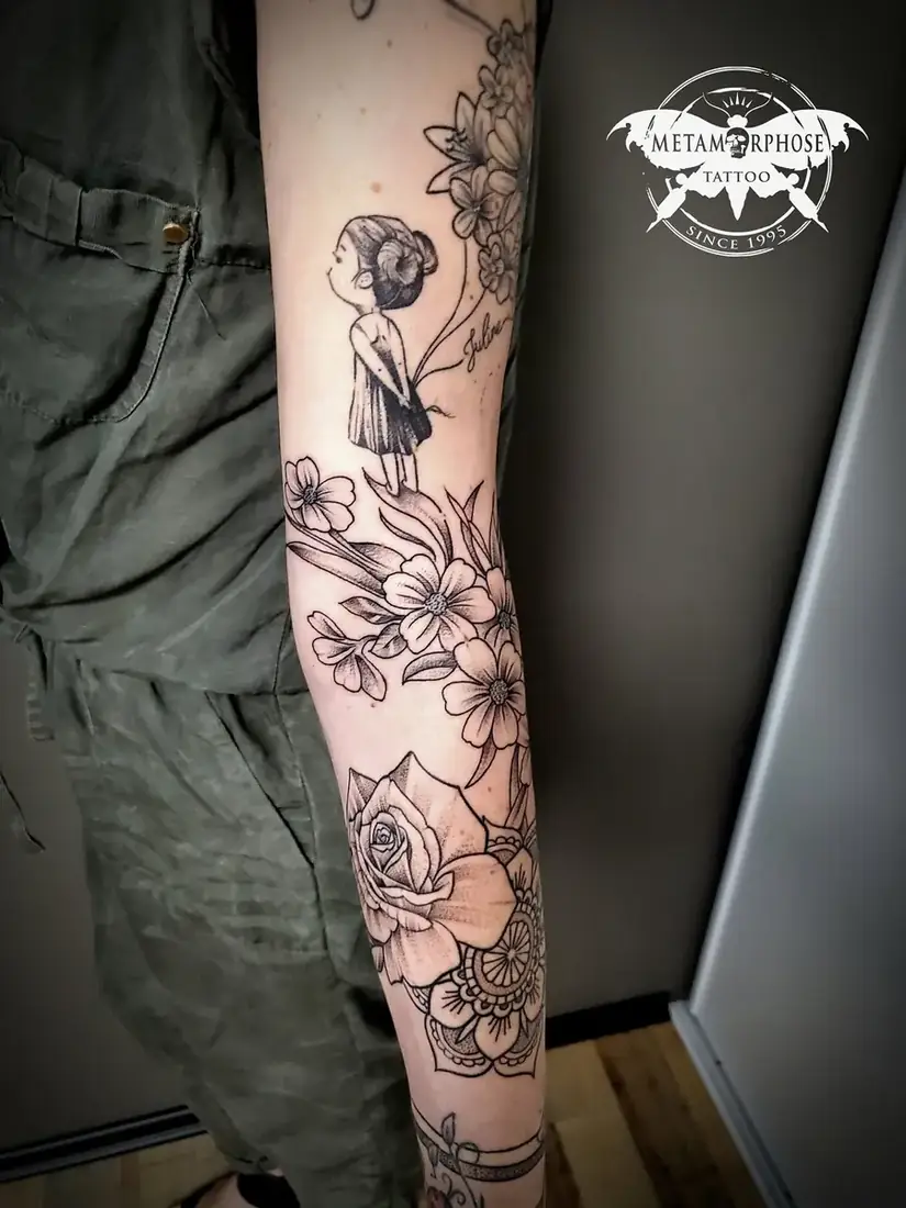 Tatouage petite fille, ballons et fleurs sur le bras par Mich