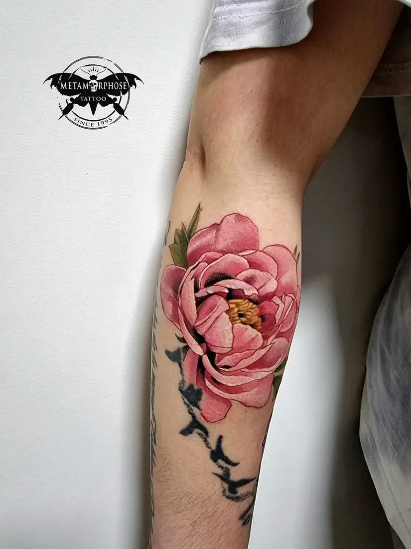 Tatouage pivoine rose réaliste sur l'avant-bras par Mich